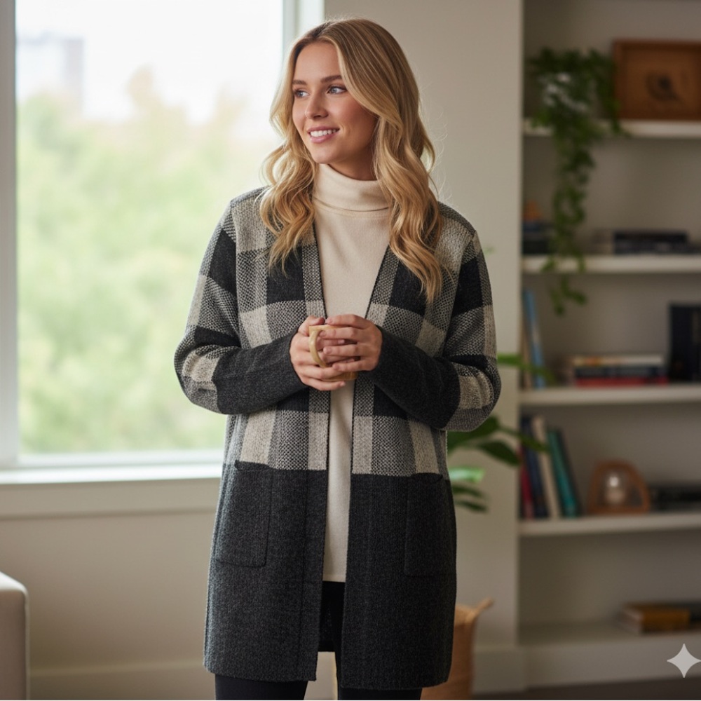 Open Front Cardigan Buffalo Plaid Black and Grey Size M EUC